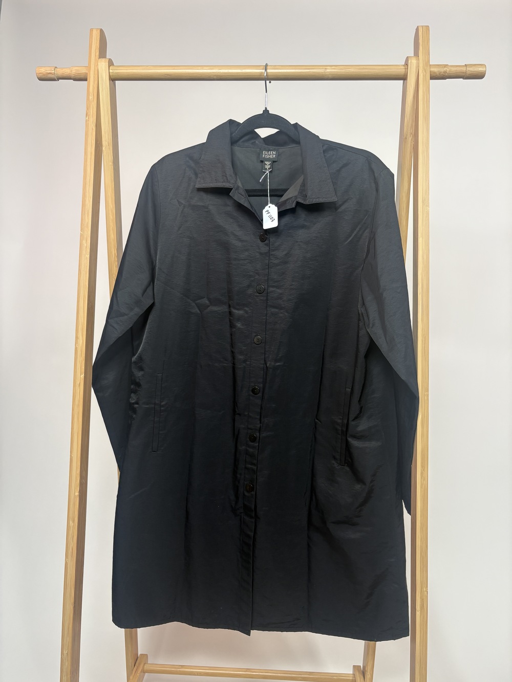 PF-1103 Vintage Eileen Fisher Black Car Coat Italian Sateen